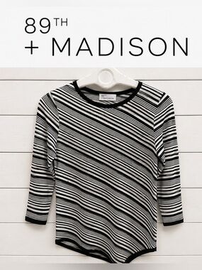 89TH & MADISON – Black & White Striped Asymmetrical Knit Top – Size m